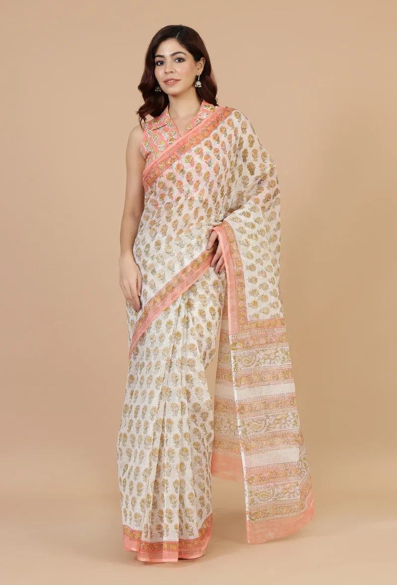 Peach & White Handwoven Kota Doriya Saree with Floral Booti and Ornate Pallu and Unstitched Blouse