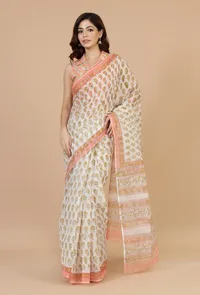 Peach & White Handwoven Kota Doriya Saree with Floral Booti and Ornate Pallu and Unstitched Blouse image 1