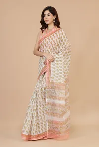 Peach & White Handwoven Kota Doriya Saree with Floral Booti and Ornate Pallu and Unstitched Blouse image 2