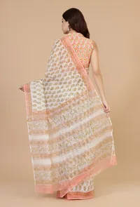 Peach & White Handwoven Kota Doriya Saree with Floral Booti and Ornate Pallu and Unstitched Blouse image 4