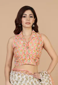 Peach & White Handwoven Kota Doriya Saree with Floral Booti and Ornate Pallu and Unstitched Blouse image 5