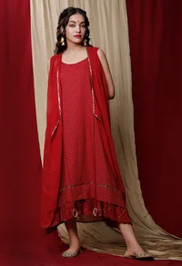 Set of 2: Maroon cotton Slip Dress with Georgette Cape image 1
