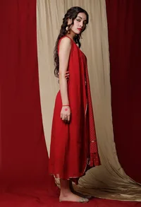 Set of 2: Maroon cotton Slip Dress with Georgette Cape image 2