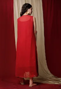 Set of 2: Maroon cotton Slip Dress with Georgette Cape image 3