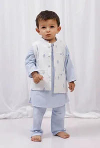 Set of 3: Blue striped Cotton Kurta & Pajama with Blue Floral Nehru Jacket image 1