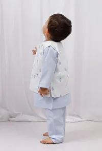 Set of 3: Blue striped Cotton Kurta & Pajama with Blue Floral Nehru Jacket image 2