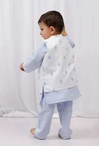 Set of 3: Blue striped Cotton Kurta & Pajama with Blue Floral Nehru Jacket image 3