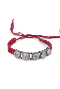 Set Of 2: Zinal Maroon Thread & Antique Plated Brass Beaded Anklets image 2