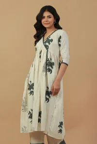 Ivory Hand Block Printed Angrakha Cotton Kurta with Lace Detailing image 2