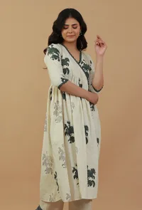 Ivory Hand Block Printed Angrakha Cotton Kurta with Lace Detailing image 3