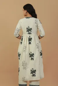 Ivory Hand Block Printed Angrakha Cotton Kurta with Lace Detailing image 4