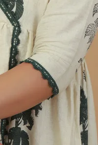 Ivory Hand Block Printed Angrakha Cotton Kurta with Lace Detailing image 6