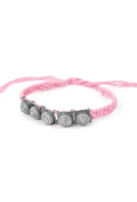 Set Of 2: Opal Pink Thread & Antique Plated Brass Beaded Anklets image 2