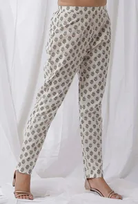 White Cotton Handblock Floral Pants image 2