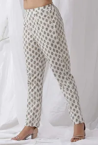 White Cotton Handblock Floral Pants image 3