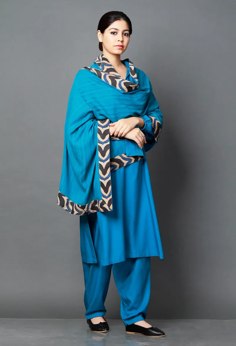 Set of 3 : Blue Bamboo Kurta and Salwar with Organic Eucallyptus Dupatta