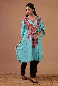 Sky Blue Cotton Crush Ari Embroidered Kaftan- Free Size image 2