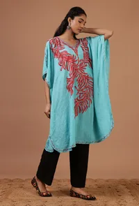 Sky Blue Cotton Crush Ari Embroidered Kaftan- Free Size image 3