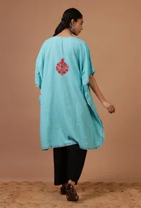 Sky Blue Cotton Crush Ari Embroidered Kaftan- Free Size image 4