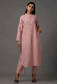 Peach  Red and White Stripes Pure Woven Cotton Kurta image 1