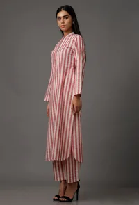 Peach  Red and White Stripes Pure Woven Cotton Kurta image 2