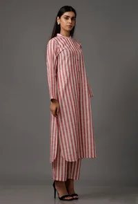 Peach  Red and White Stripes Pure Woven Cotton Kurta image 3