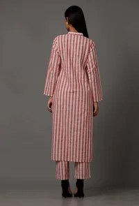 Peach  Red and White Stripes Pure Woven Cotton Kurta image 4