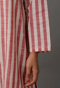 Peach  Red and White Stripes Pure Woven Cotton Kurta image 6