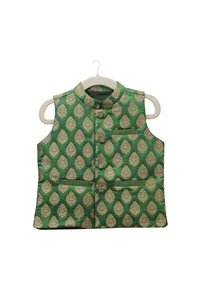 Emerald Green Brocade Nehru Jacket image 1