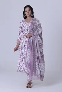 Set Of 3: Dusty Lavender Motif White Cotton Kurta With Pant & Dupatta Set image 2