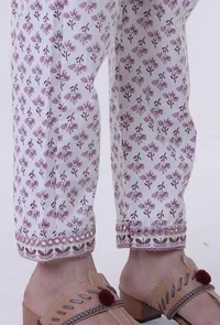 Set Of 3: Dusty Lavender Motif White Cotton Kurta With Pant & Dupatta Set image 6