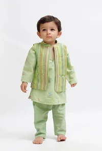 Set Of 3:  Green Dobby Kurta and Green Pant with Green Striped Nehru Jacket image 1
