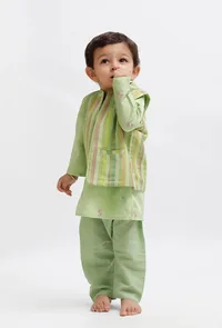 Set Of 3:  Green Dobby Kurta and Green Pant with Green Striped Nehru Jacket image 2