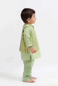 Set Of 3:  Green Dobby Kurta and Green Pant with Green Striped Nehru Jacket image 3