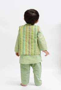 Set Of 3:  Green Dobby Kurta and Green Pant with Green Striped Nehru Jacket image 4