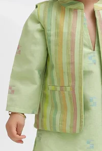 Set Of 3:  Green Dobby Kurta and Green Pant with Green Striped Nehru Jacket image 5