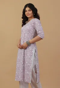 Lavender Floral Printed Cotton Straight Kurta image 2