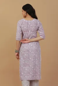 Lavender Floral Printed Cotton Straight Kurta image 4