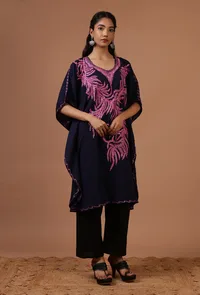 Purple Blue Cotton Crush Ari Embroidered Kaftan- Free Size image 1