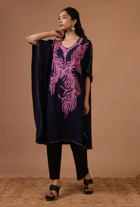 Purple Blue Cotton Crush Ari Embroidered Kaftan- Free Size image 2
