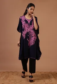 Purple Blue Cotton Crush Ari Embroidered Kaftan- Free Size image 3