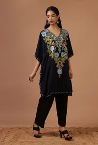 Navy Blue Cotton Crush Ari Embroidered Kaftan- Free Size image 2