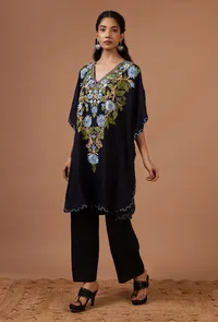 Navy Blue Cotton Crush Ari Embroidered Kaftan- Free Size image 3