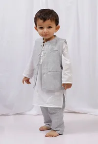 Set of 3: White striped Cotton Kurta and Pajama with Black Striped Nehru Jacket image 1