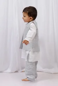 Set of 3: White striped Cotton Kurta and Pajama with Black Striped Nehru Jacket image 2