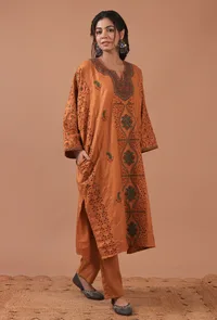 Brown Rust Woolen Sozni Embroidered Phiran- Free Size image 4
