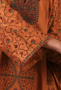 Brown Rust Woolen Sozni Embroidered Phiran- Free Size image 6