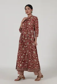 Set Of 3: Ajrakh Printed Red Cotton Anarkali, Pant & Dupatta Set image 3