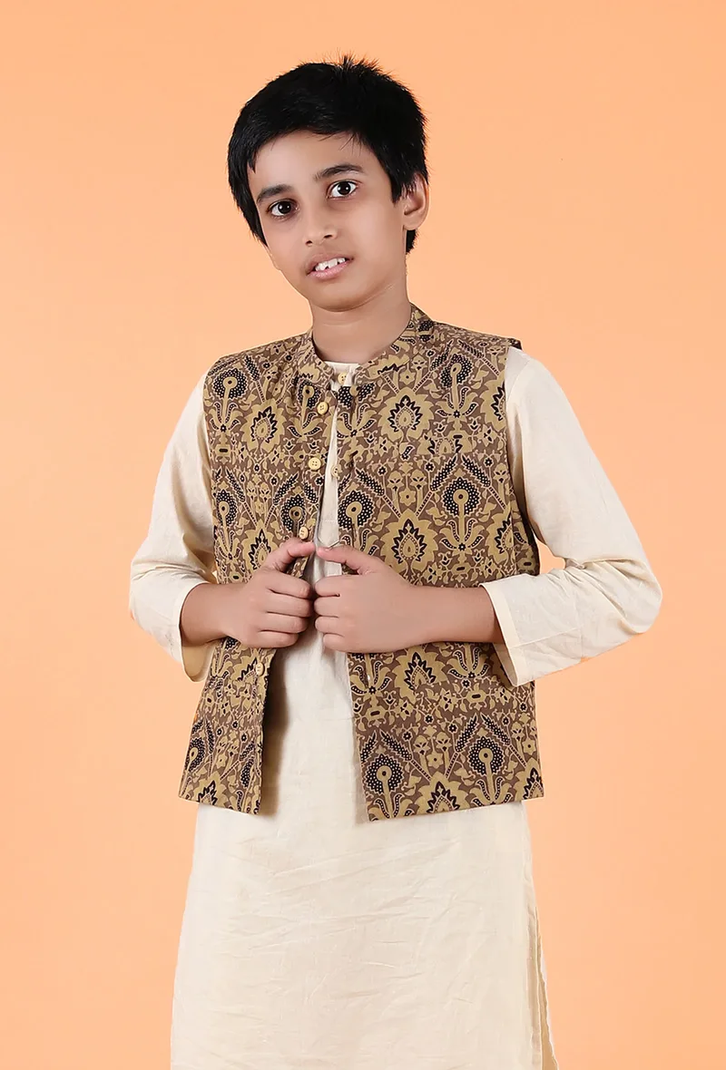 Finn Khaki Ajrakh Print Cotton Nehru Jacket