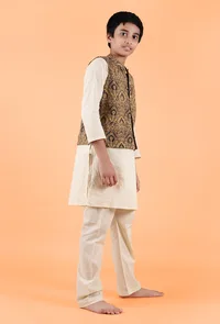 Finn Khaki Ajrakh Print Cotton Nehru Jacket image 2